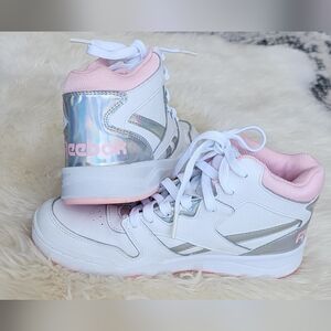 Reebok White and Light Pink Kids' High-Top Sneakers with Holographic Heel